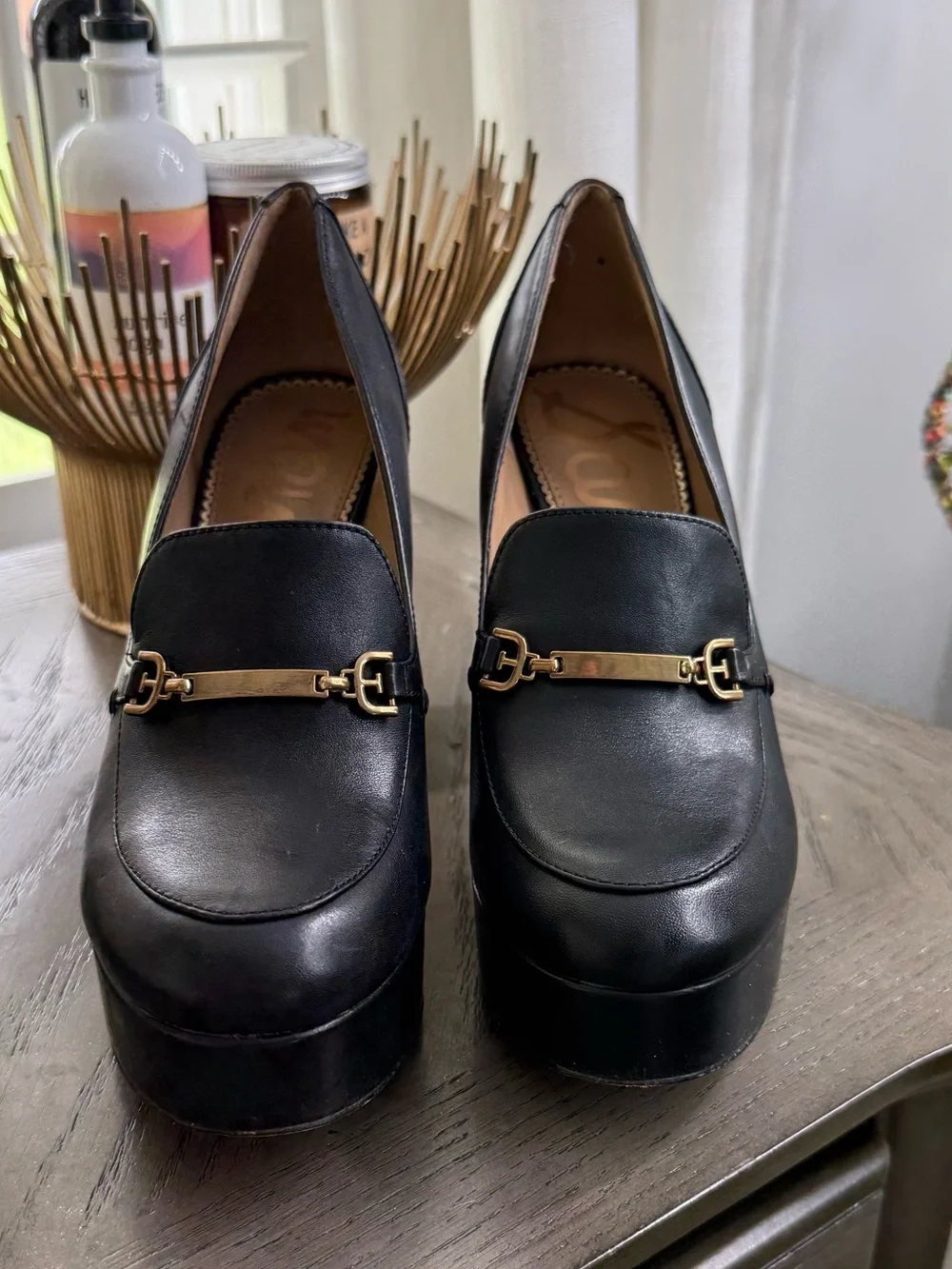 Sam Edelman Black Leather Platform Loafer Heels | Size 6.5 | Gold Hardware